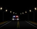 Abstract light effects. Police car at night with lights in front. Road, highway, lampposts. illustration