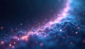 Abstract light particles rise over blue and pink glowing soft clouds. Dark background with bokeh effect, representing growth or Royalty Free Stock Photo