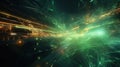 Abstract light streaks in a dynamic digital space with glowing green elements