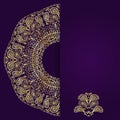 Abstract lilac background with gold lacy mandala pattern.