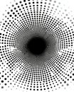 An abstract line art illustration using concentric circles with dotted patterns, spirals, and radial lines to create an