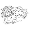 Abstract line art woman portrait with long flowing hair and scandinavian runes and triune moon sign on face,vector