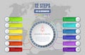 Twelve options or steps infographic on detailed world map abstract background. Business thin line icons. Royalty Free Stock Photo