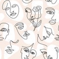 Abstract line face pattern. Bohemian woman faces profile, textile art print. Trendy fashion drawing girls, aesthetic