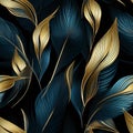 abstract line pattern with blue leaves on black background, in the style of dark teal and light gold Royalty Free Stock Photo