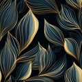 abstract line pattern with blue leaves on black background, in the style of dark teal and light gold Royalty Free Stock Photo