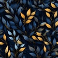 abstract line pattern with blue leaves on black background, in the style of dark teal and light gold Royalty Free Stock Photo