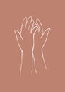 Abstract linear hands - vector poster. Contemporary art in terracotta colors. Hand in modern style. Part of the body. Line drawing