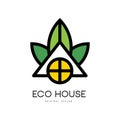 Abstract linear logo of eco house. Clean environment. Business company insignia. Living in green nature. Vector for real Royalty Free Stock Photo