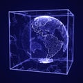 Abstract lines connection in the shape of glass cube. Mesh square with planet in it. 3d rendering