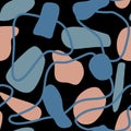 Abstract hand drawn spots and flowing lines blue and dusty pink on a black background. Seamless pattern. Creative illustration.