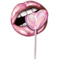 Abstract lips with lollipop heart. Sexy woman with pink lips holding lollipop, beauty close up Royalty Free Stock Photo