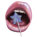 Abstract lips with lollipop star. Sexy woman with pink lips holding lollipop, beauty close up Royalty Free Stock Photo