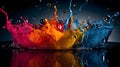 Abstract liquid color explosion colorful artistic yellow blue purple red orange splashing splatter drop at ground black background Royalty Free Stock Photo