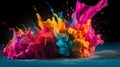 Abstract liquid color explosion colorful artistic yellow blue purple red orange splashing splatter drop at ground black background Royalty Free Stock Photo