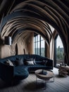 Abstract Living Room Interior With Wood Curved Arched Ceiling and Windows, Modern Style Furniture, Lots Of Sun Light, Nature Royalty Free Stock Photo