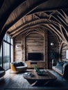 Abstract Living Room Interior With Wood Curved Arched Ceiling and Windows, Modern Style Furniture, Lots Of Sun Light, Nature Royalty Free Stock Photo