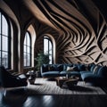 Abstract Living Room Interior With Wood Curved Arched Ceiling and Windows, Modern Style Furniture, Lots Of Sun Light, Nature Royalty Free Stock Photo