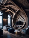 Abstract Living Room Interior With Wood Curved Arched Ceiling and Windows, Modern Style Furniture, Lots Of Sun Light, Nature Royalty Free Stock Photo