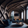 Abstract Living Room Interior With Wood Curved Arched Ceiling and Windows, Modern Style Furniture, Lots Of Sun Light, Nature Royalty Free Stock Photo