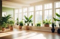 abstract living room or lounge with fresh green plants, big window and lots of empty space. modern contemporary scandi Royalty Free Stock Photo