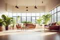 abstract living room or lounge with fresh green plants, big window and lots of empty space. modern contemporary scandi Royalty Free Stock Photo