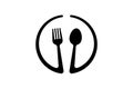 Abstract logo of a cafe or restaurant. A spoon and fork on a plate. Food logo design. Vector illustration Royalty Free Stock Photo