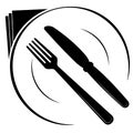 Abstract logo of a cafe or restaurant. A spoon and fork on a plate. A simple out line. Royalty Free Stock Photo