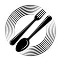 Abstract logo of a cafe or restaurant. A spoon and fork on a plate. A simple outline. Royalty Free Stock Photo