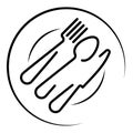 Abstract logo of a cafe or restaurant. A spoon, knife and fork on a plate. A simple outline. Royalty Free Stock Photo