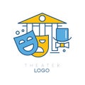 Abstract logo design with columns, hat-cylinder, bow tie, theatrical happy and sad masks. Creative line art with yellow