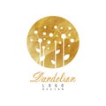 Abstract logo design with dandelion on golden detailed texture. Original flower symbol. Vector design for natural