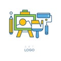 Abstract logo in line style with easel for drawing, pencil, brush and roller. Concept of hobby. Original graphic design