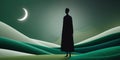 abstract lone silhouette stands on green moonlit landscape. Royalty Free Stock Photo