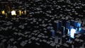 Abstract low poly dark city with orange and blue glowing buildings