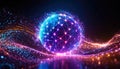 Abstract luminescent sphere pulsating with vivid neon energy. Particles and waves of magical glowing