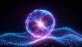 Abstract luminescent sphere pulsating with vivid neon energy. Particles and waves of magical glowing