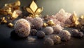 Abstract luxury background he with gems and crystals gold dust and light effects. 3D illustration