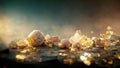 Abstract luxury background he with gems and crystals gold dust and light effects. 3D illustration