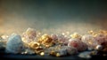 Abstract luxury background he with gems and crystals gold dust and light effects. 3D illustration