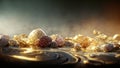 Abstract luxury background he with gems and crystals gold dust and light effects. 3D illustration