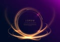 Abstract luxury golden circle glowing lines curved overlapping on dark blue background with lighting effect sparkle. Template