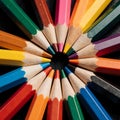 Abstract macro shot of colored pencils arranged in a circle: AI Generated Royalty Free Stock Photo
