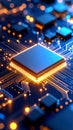 Abstract macro view of a glowing computer processor chip and circuit board Royalty Free Stock Photo