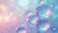 Abstract macro view of transparent water bubbles floating on liquid surface. Soft, iridescent light reflects off spherical Royalty Free Stock Photo