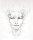 man spirit face portrait, linear ornamental drawing, black and white Royalty Free Stock Photo