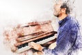 Abstract man playing keyboard of the piano foreground Watercolor painting background.