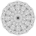 Abstract mandala with curls and striped motifs, meditative coloring page with curled lines