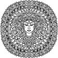 Abstract mandala ornament. Asian pattern. Black and white authentic background. Vector illustration. Budda face. Royalty Free Stock Photo