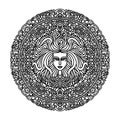 Abstract mandala ornament. Asian pattern with long hair girl face. Black and white authentic background. Vector Royalty Free Stock Photo